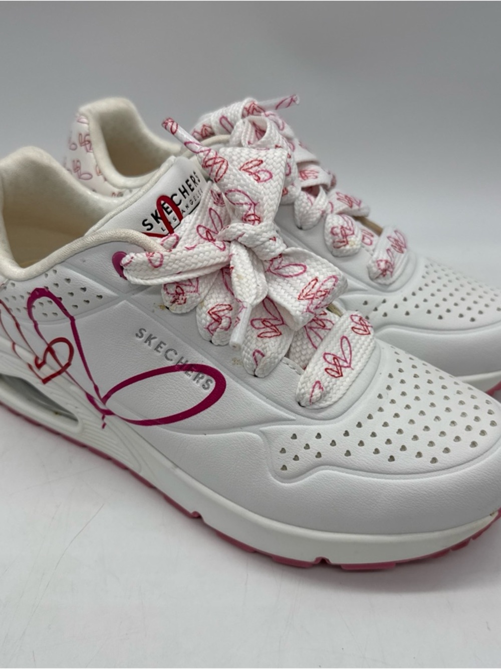 Skechers White Sneakers with Pink Heart Accents - Women's Lace-Up